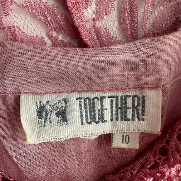 Together! VTG Lace Crinkle Rayon Overlay Layered Short Sleeve Rose Maxi Dress 10